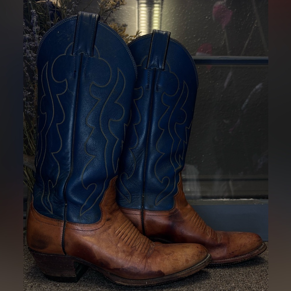 Western Blue and Brown Leather Boots